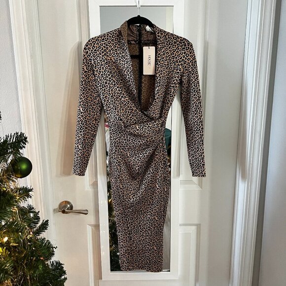 458 NWT House of CB Francesca Cheetah Print Dress Size XS Color Brown Black - Picture 1 of 4